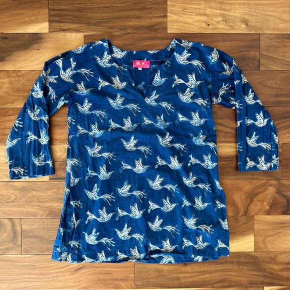 Three Little Birds Blue Tunic with Grey Bird Print size Medium - Picture 1 of 4